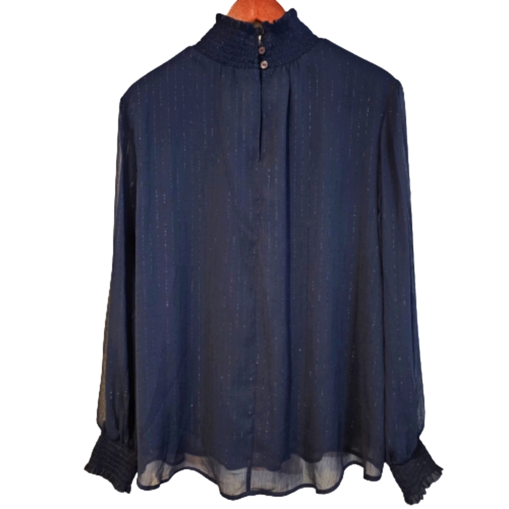 NY Collection Women's Mock Neck Navy Blue Silver Mettalic Stripe Blouse Size XL - Picture 3 of 14